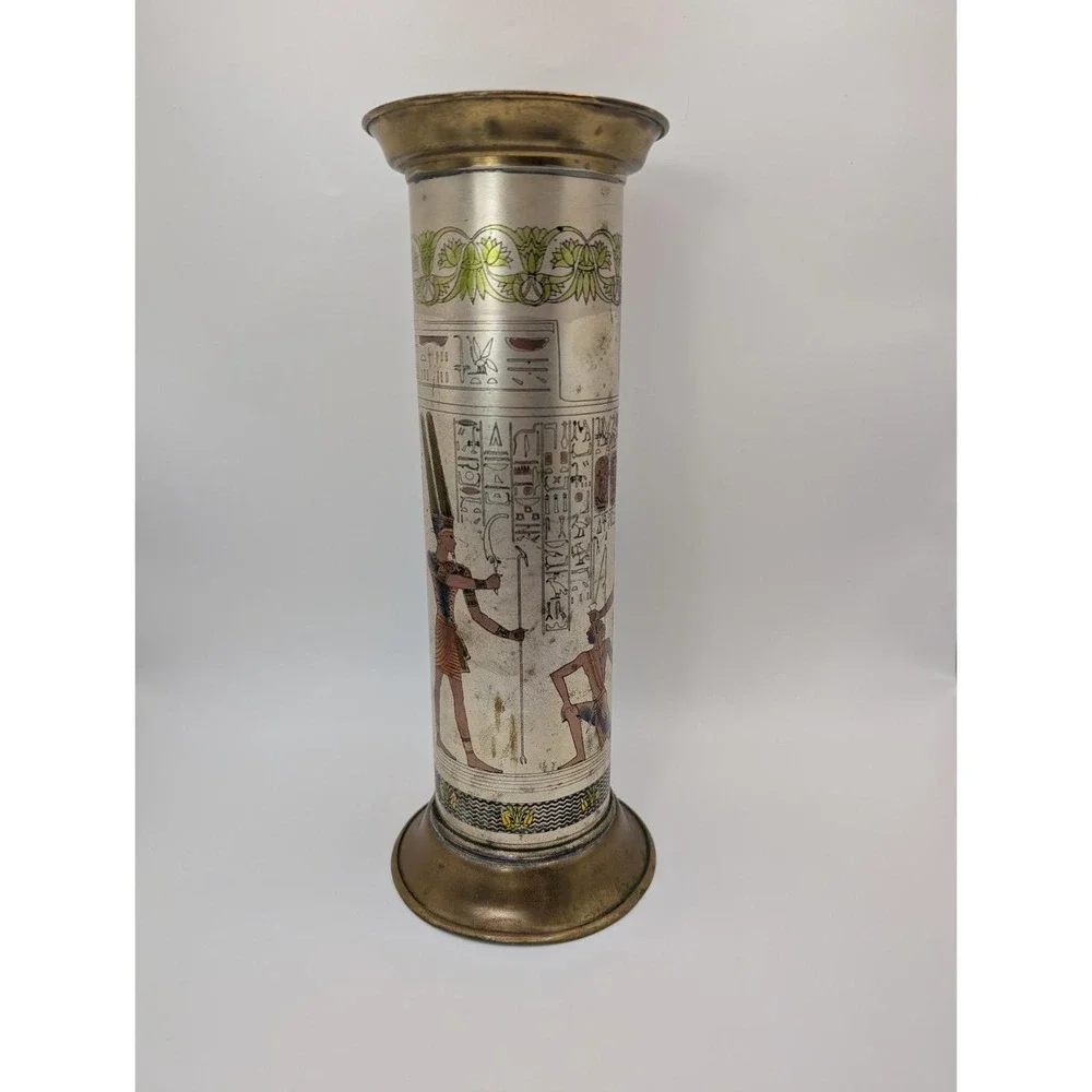 Vintage Egyptian Hieroglyph Metal Vase Brass Trim Decor 10